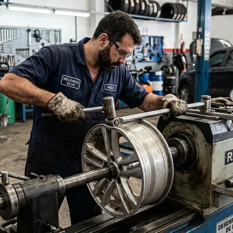 Profissional realizando desempeno de roda em equipamento especializado